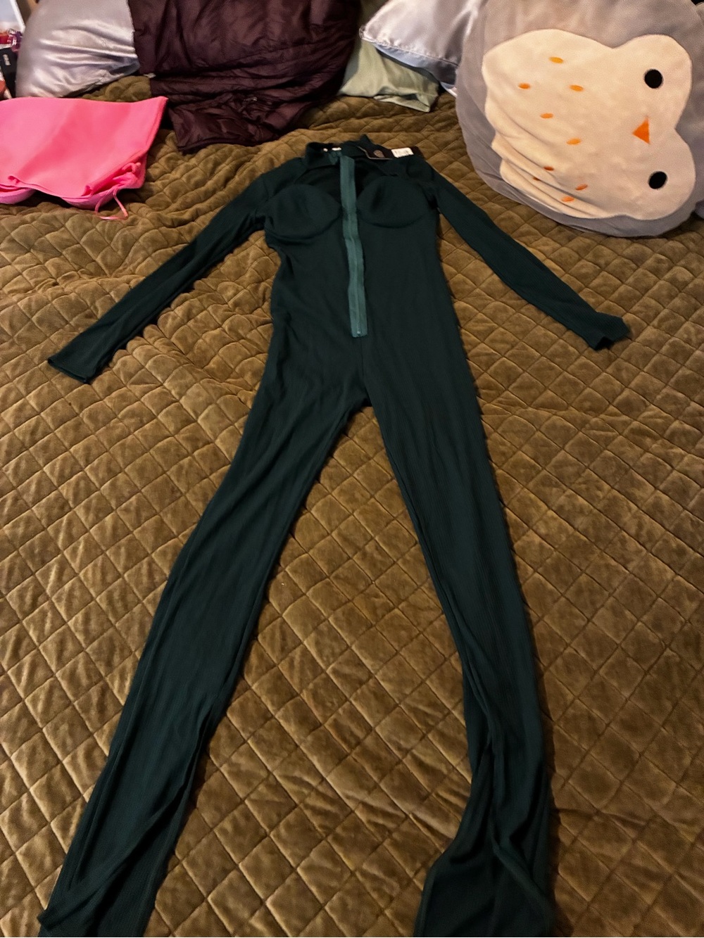 Fashion Nova Dark Green Ribbed Long-Sleeve Jumpsuit